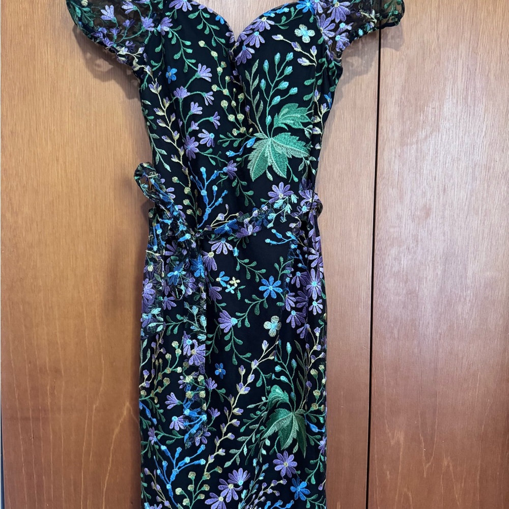Kensie Black Floral Midi Dress with Green and Lavender Embroidery